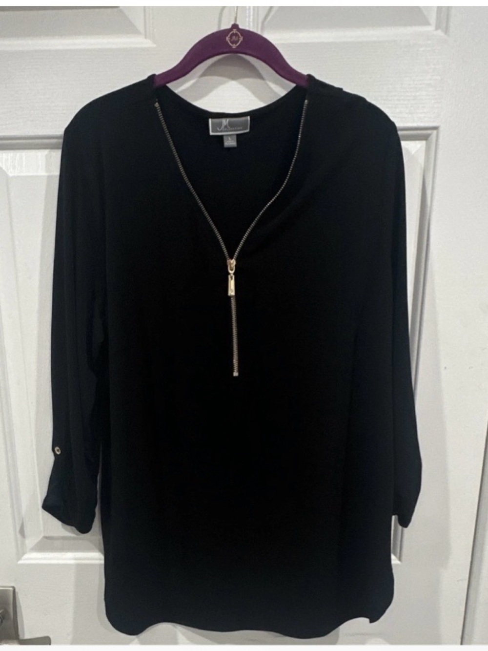 JM Collection Black Zip-Front Long Sleeve Top